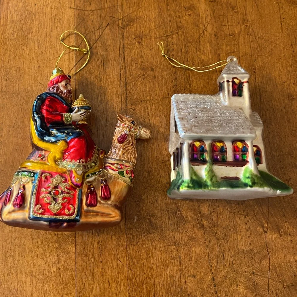 Christmas Tree Glass Ornaments Wise Man on Camel and Country Church Lot of 2